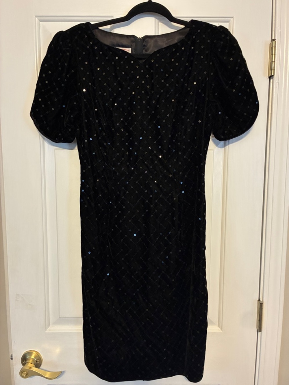Talbots Black Sequined Velvet Midi Dress with Puff Sleeves